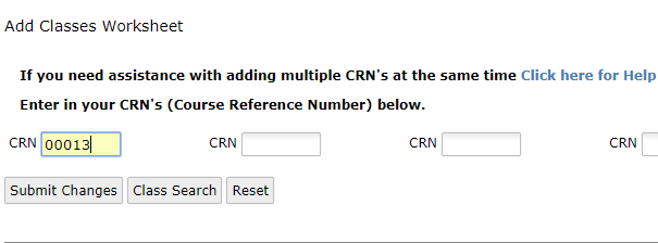 add classes worksheet with CRN
