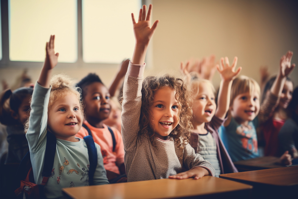 excited children in classroom, raising their hands