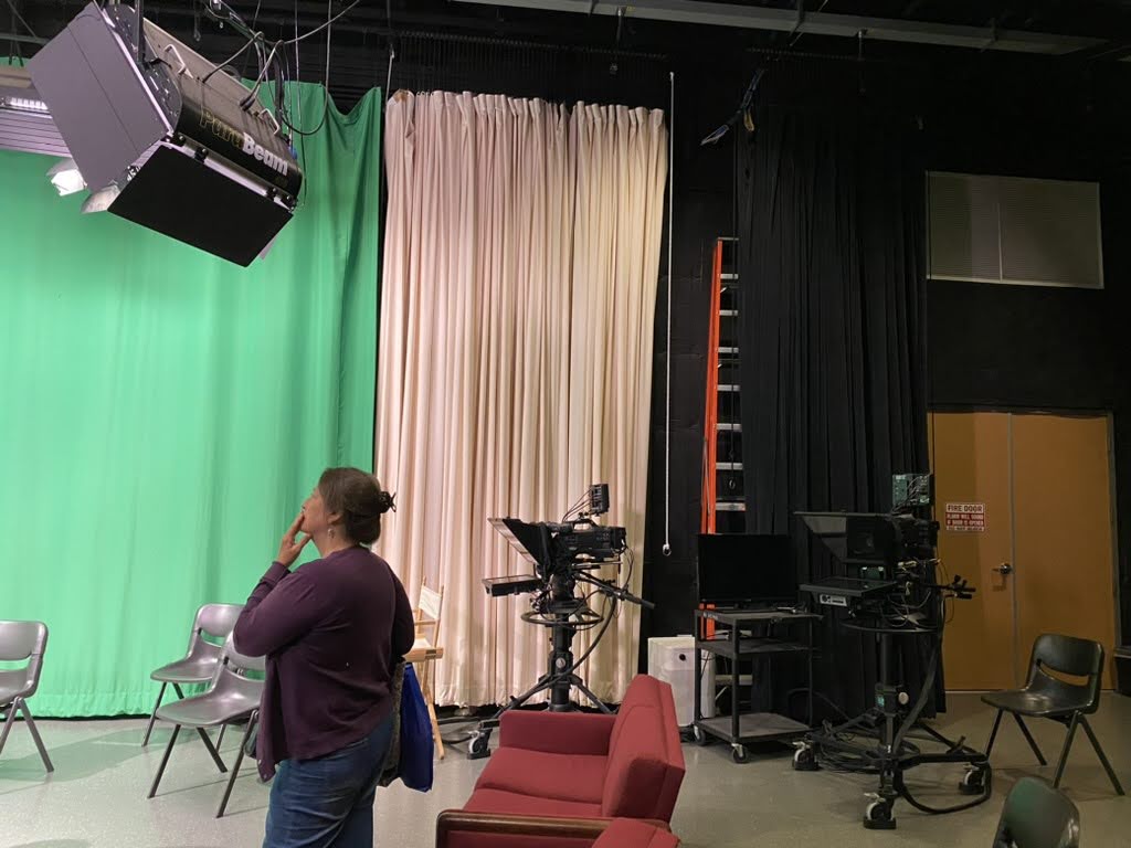 Lori Clinchard helping set up for oral history recordings in the Media Learning Center. May 2024 Lori Clinchard helping set up for oral history recordings in the Media Learning Center. May 2024
