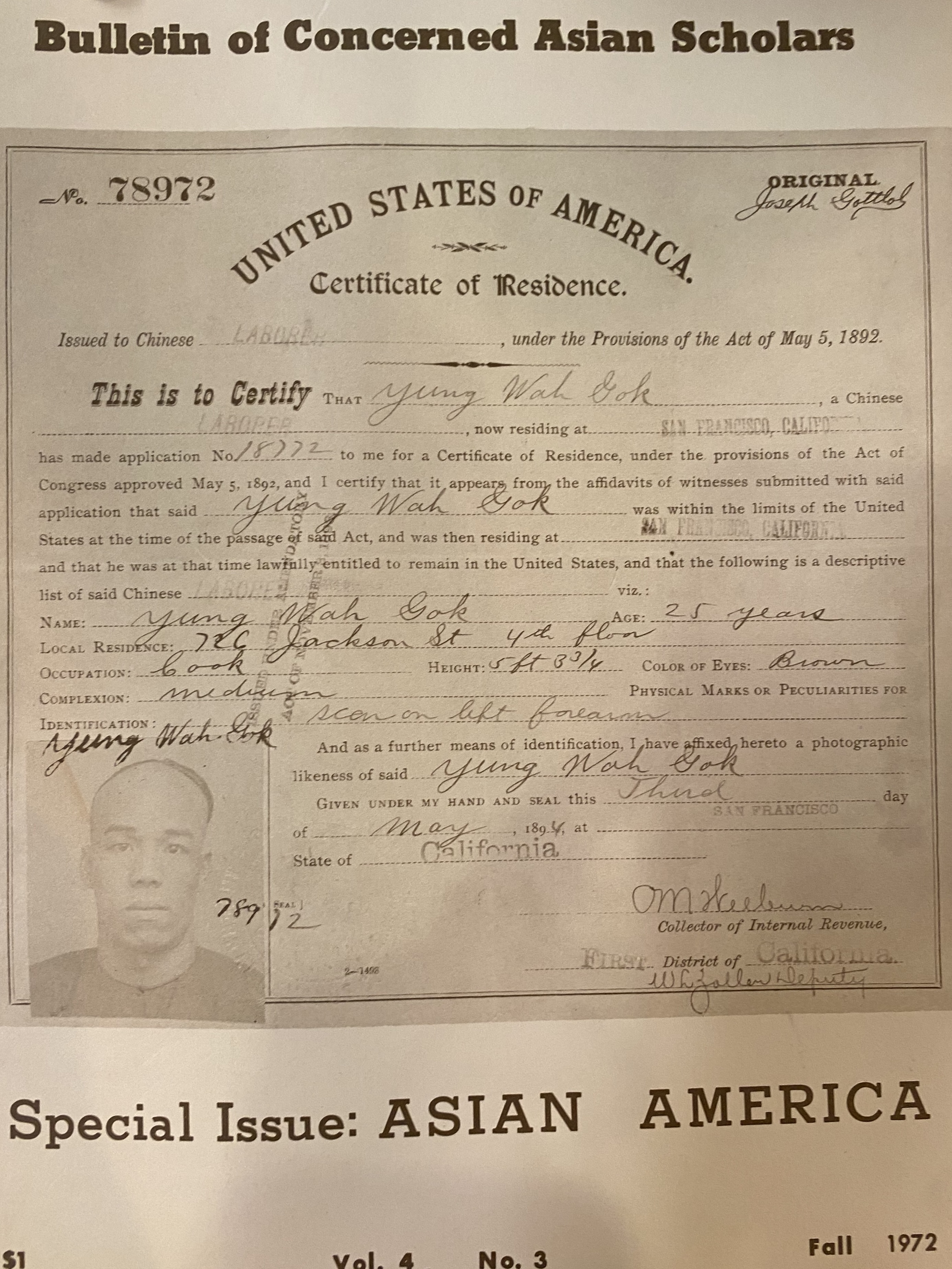 The cover of Volume 4, Issue 3 of the Bulletin of Concerned Asian Scholars featuring Connie's grandfather's certificate of residence, or "chak chee." A cover of a vintage journal, featuring a photo certificate that once belonged to an Asian man. The cover says "Bulletin of Concerned Asian Scholars." Underneath, "Special Issue: Asian America."