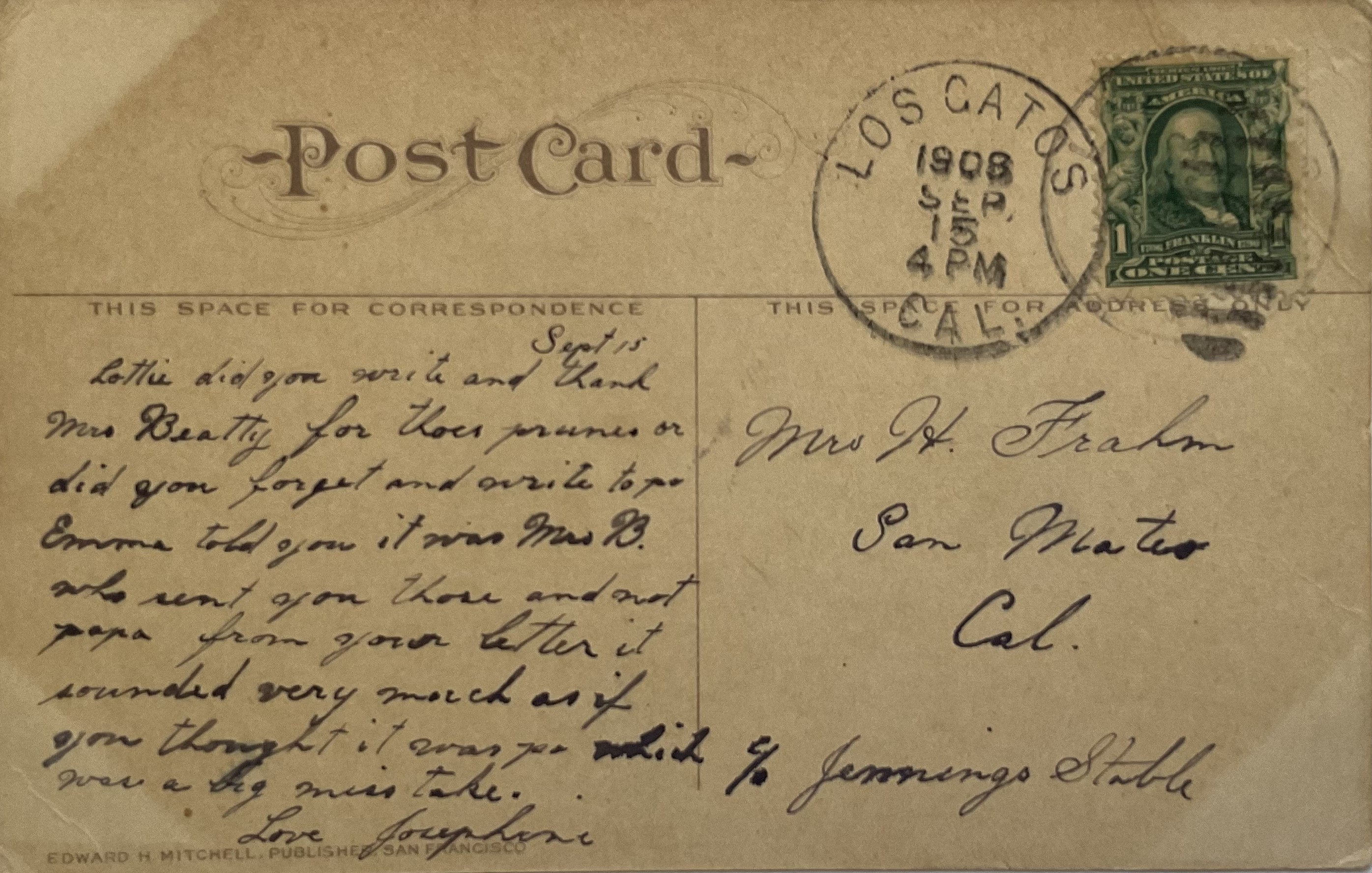 Back of postcad with image of First Street, San Jose Back of postcad with image of First Street, San Jose