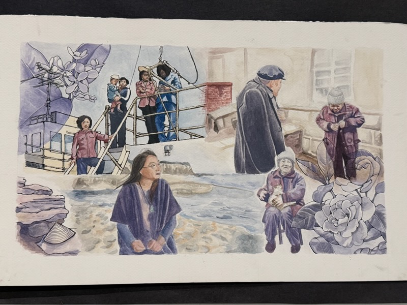 A detailed watercolor illustration showing multiple figures of different ages near a waterfront, blended with botanical drawings