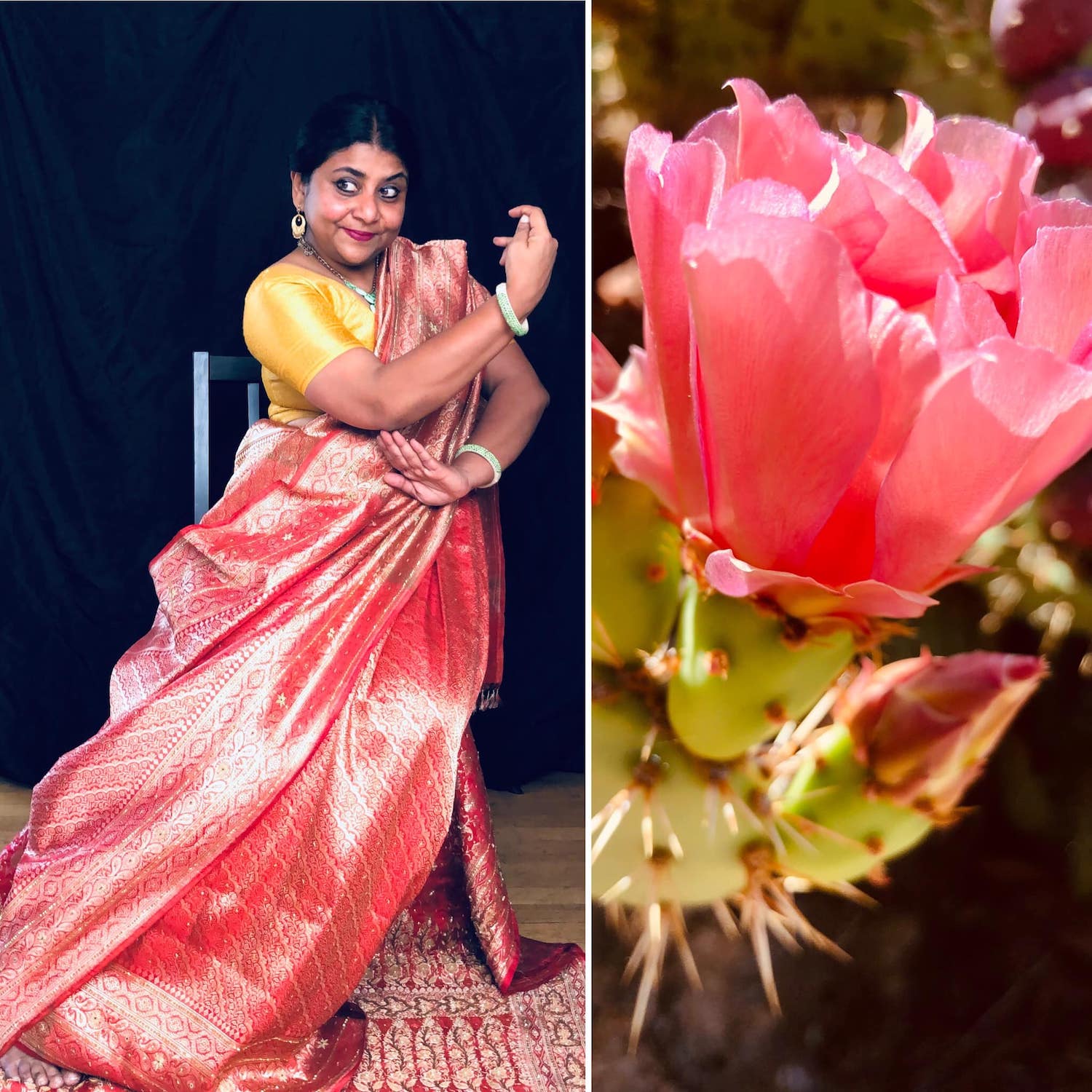 woman dancing in pink sari, next to bright pink flower