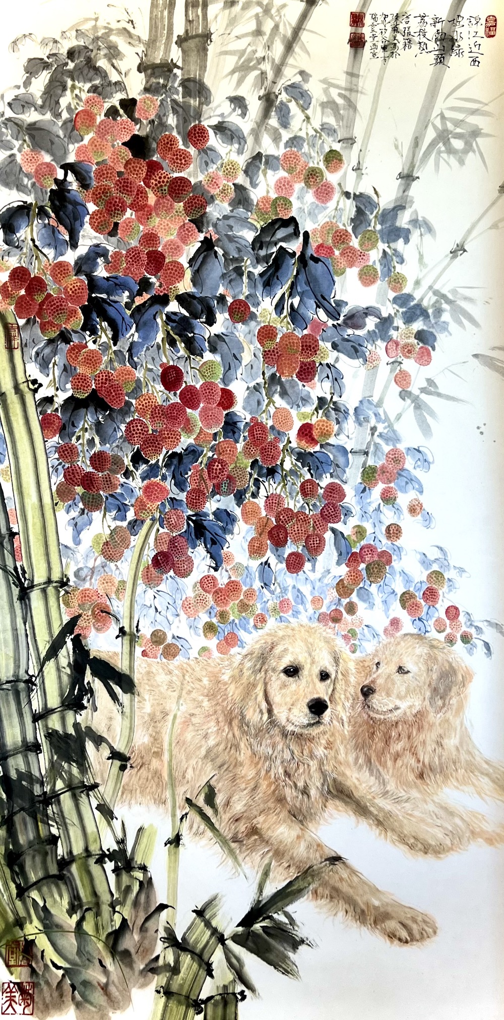 painting of two golden retrievers under a flowering plant