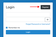 Screenshot of Logn form with red arrow pointing to Register button