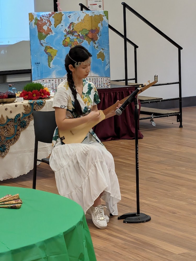 young woman in white dress playing stringed instrument