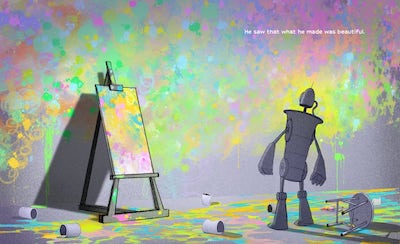 painting of robot standing and looking at a canvas