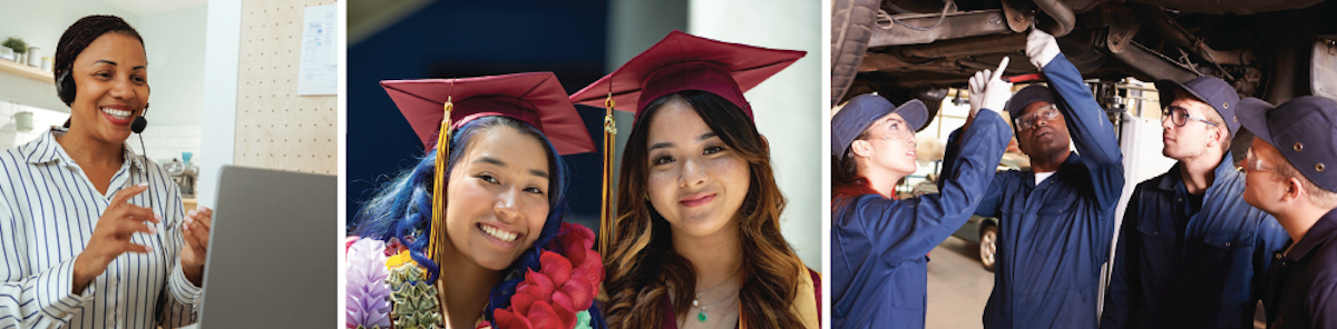 three panels: woman on phone, two grads, auto tech students
