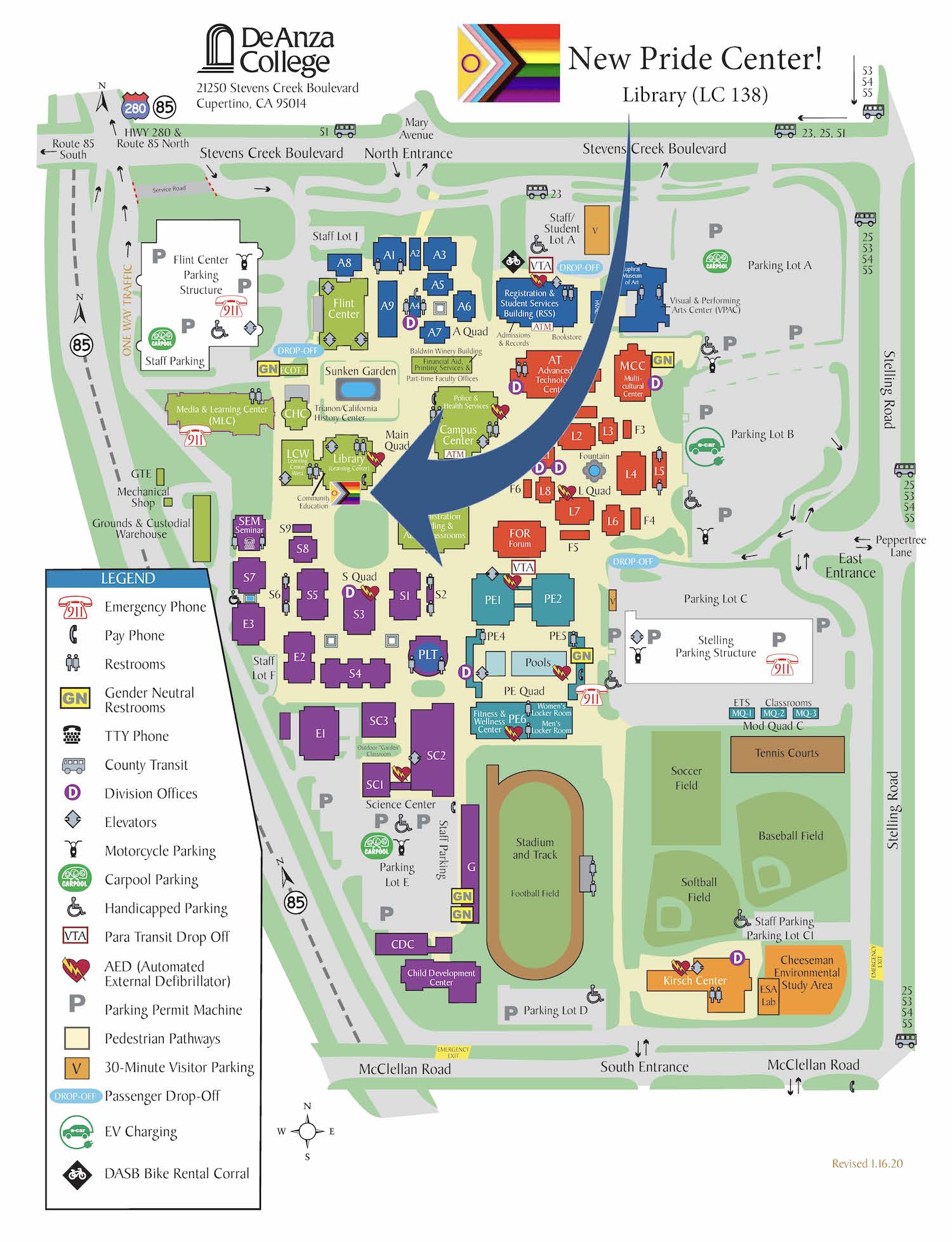 map showing Pride Center location at side of Library
